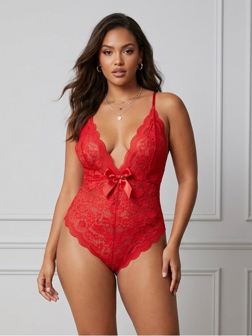 SHEIN Red Floral Lace Teddy Bodysuit Lingerie Romper Size Large